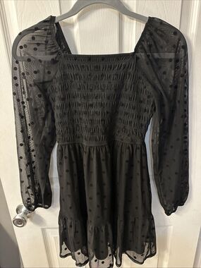 Art Class Girls Black Polka Dot Smocked Mesh Dress Long Sleeve Tiered L